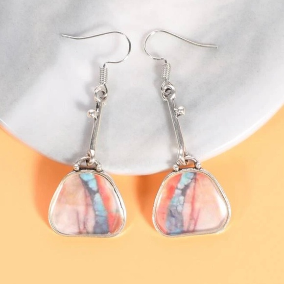 Pink Pastel Striped Art Deco Abstract Nature Glass Boho Silver Droplet Earring - Picture 1 of 4